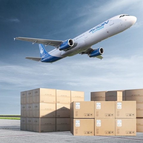 Avión de carga con paquetes listos para transporte courier
